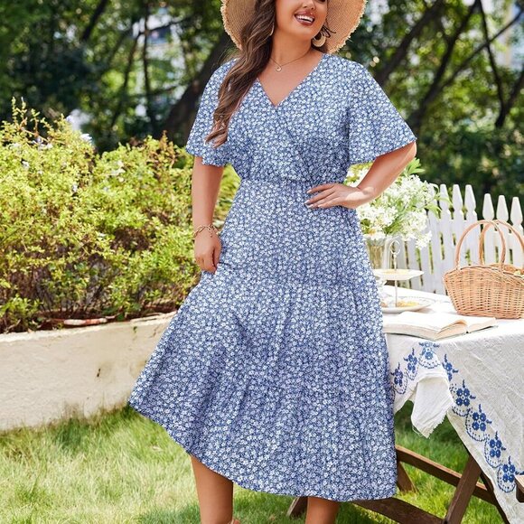 Plus Size Floral Maxi Dress Women Summer V Neck Pockets Casual - Picture 4 of 5